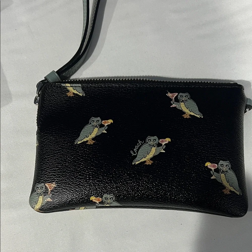 Coach Black Owl Cocktail Print Leather Wristlet - Picture 3 of 4